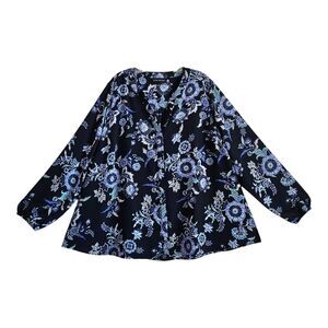 LANE BRYANT Women Plus 18 Tunic Blouse V-Neck Floral Blue Green Relaxed Bust 54"